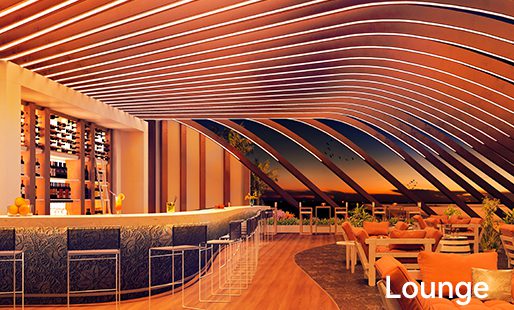 lounge bar orange lighting with undulating wooden fins ceiling