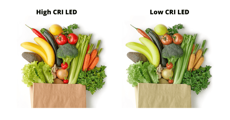 fruits and veggies under LED lights with different ratings of CRI